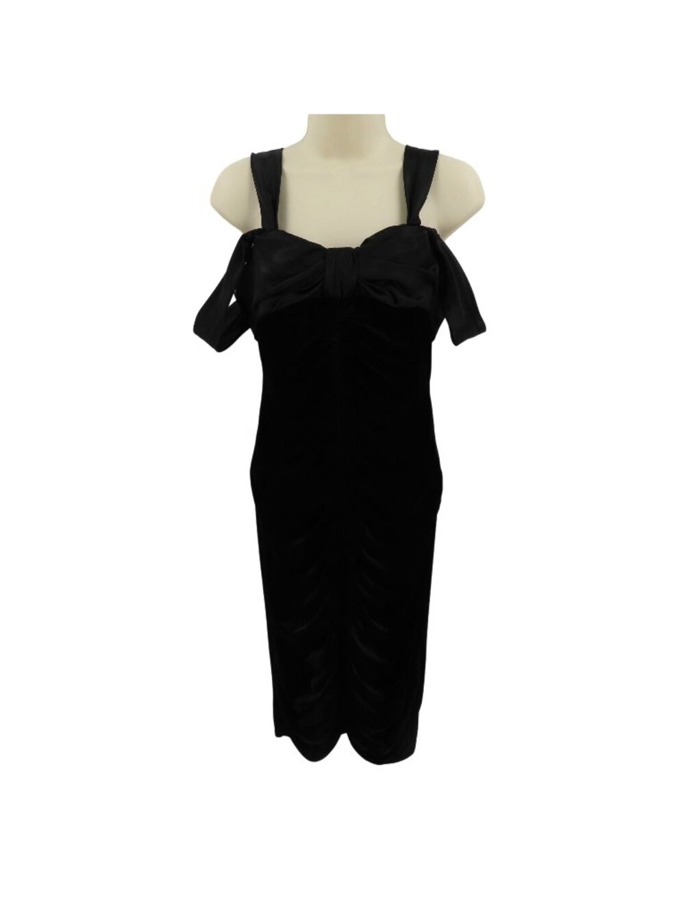 VTG Whim Women 6 Black Velvet Off Shoulder Satin Bow Ruched Front Cocktail Dress